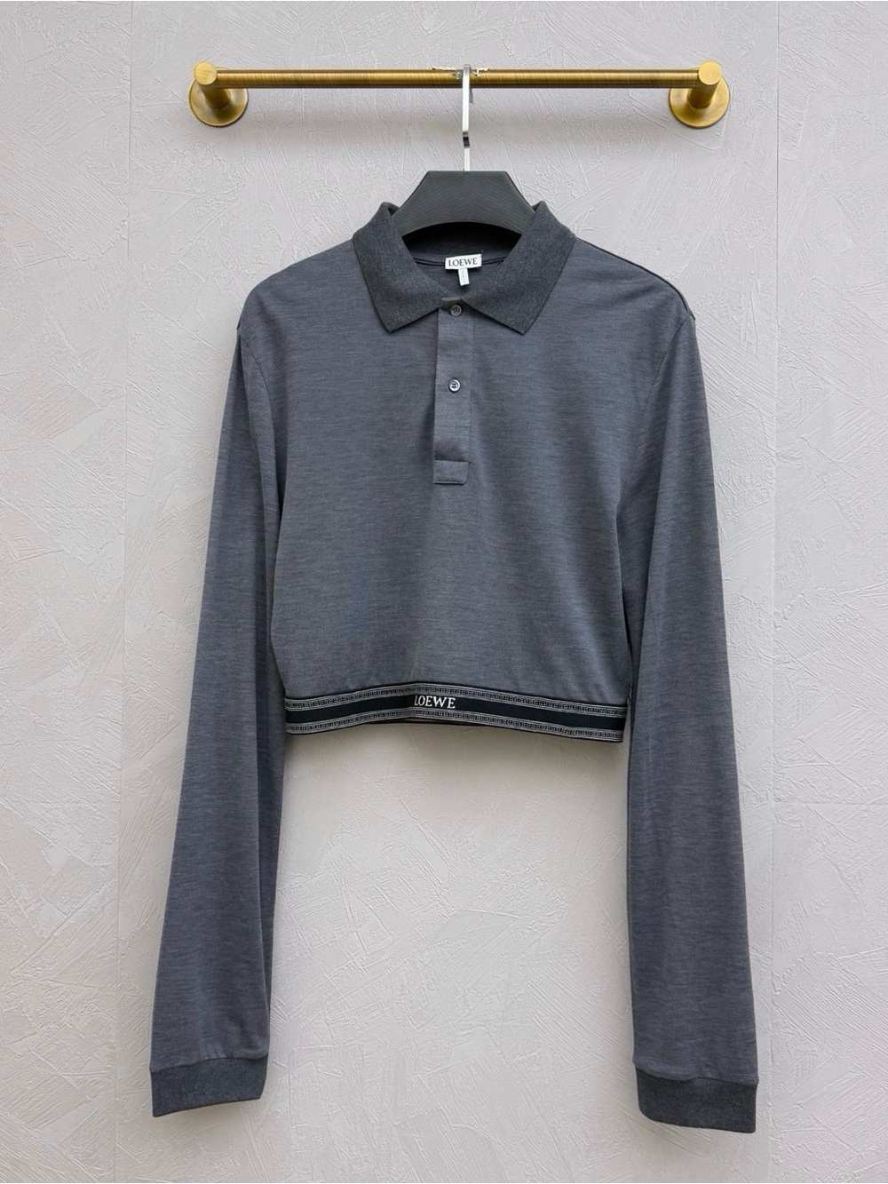 Loewe Grey Knit Cropped Polo with Branded Hem